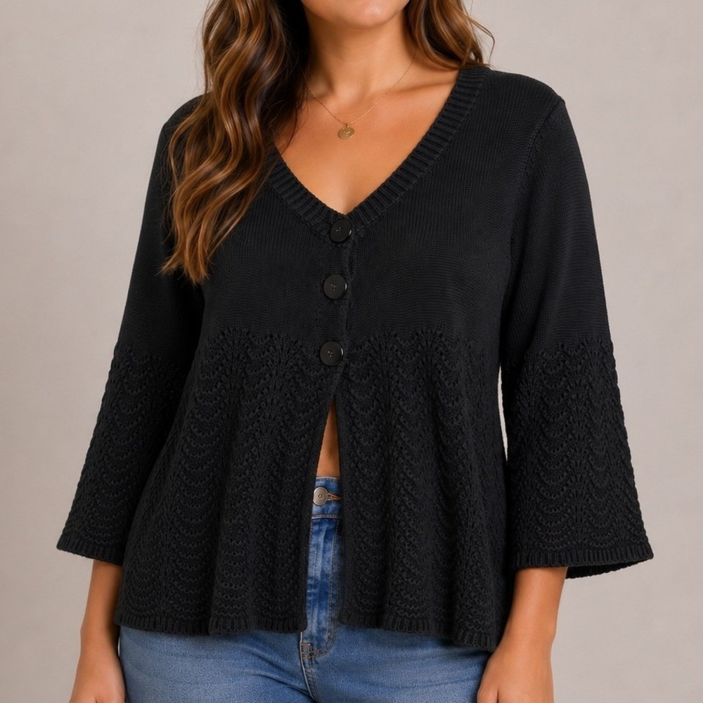 Peplum Knit Cardigan Sweater Women's Medium Black 100% Cotton Boho Cottagecore
